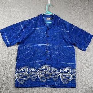 Breakdown Men's 2XL Dragon Button Up Shirt Blue Y2k Tribal Print Polyester